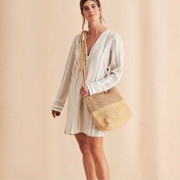 Faherty Beach Days Tunic/Striped Blue White/ V-neck/Long Sleeve/100% Linen/NWOT - Picture 1 of 15